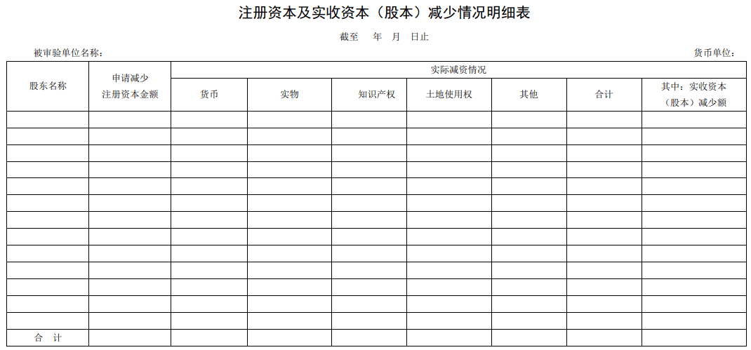 注册资本及实收资本（股本）减少情况明细表