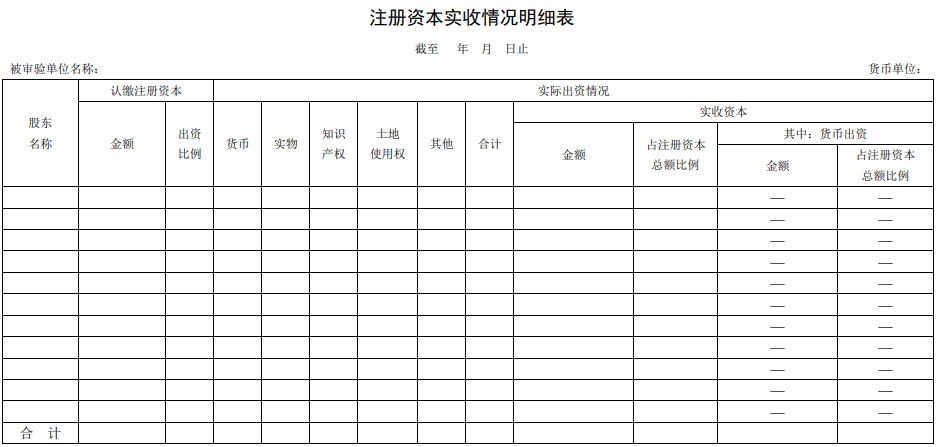 注册资本实收情况明细表